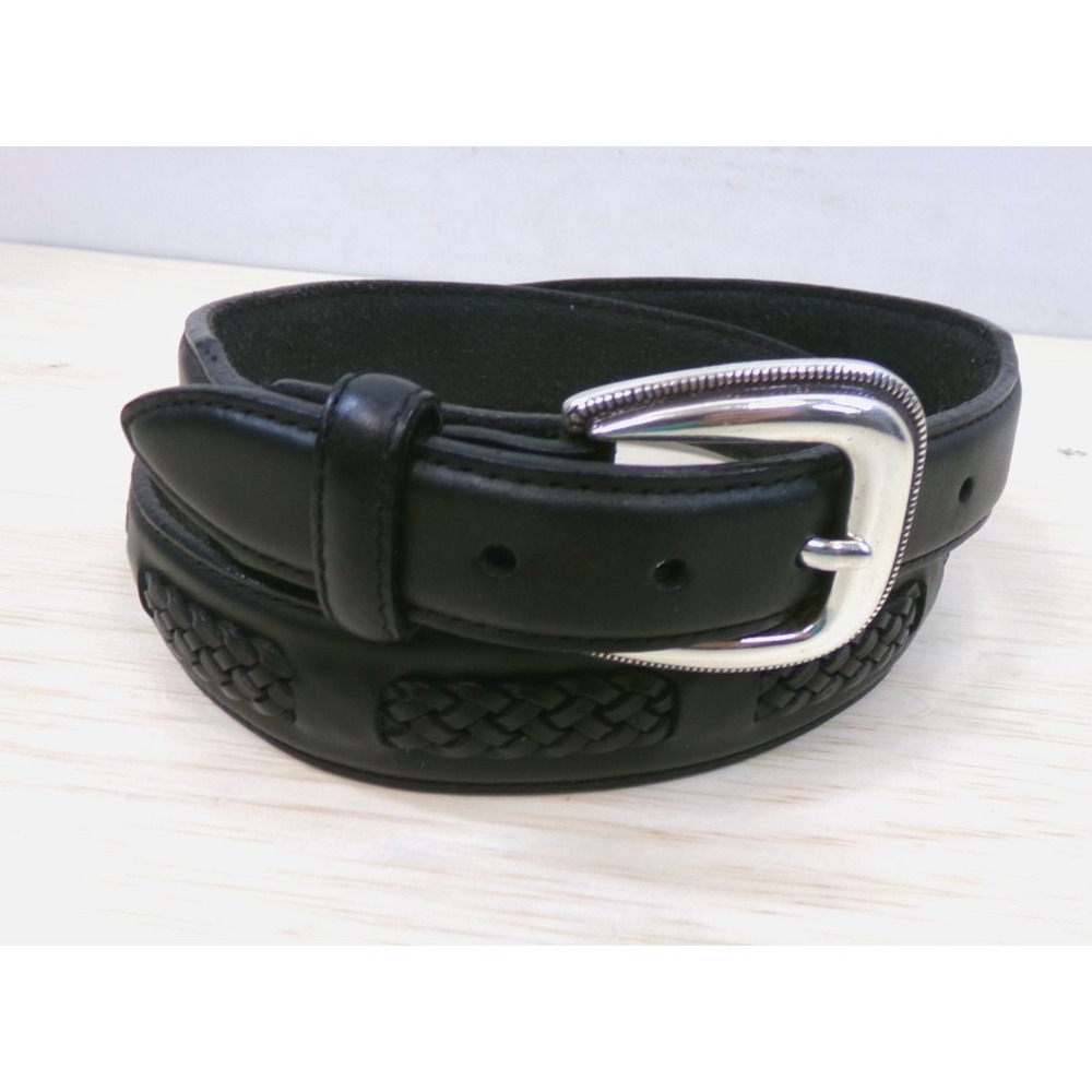 Brighton Black Leather Belt Western Style Woven Braided Accent 34 Silver Buckle